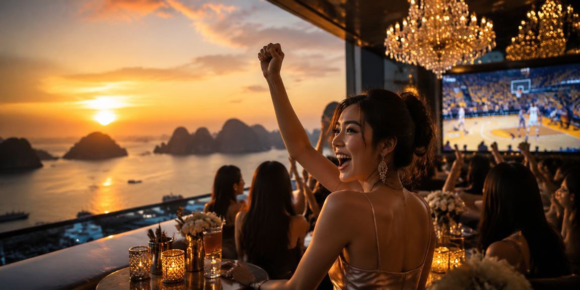 Chợ đêm Vịnh Hạ Long với người dùng theo dõi kèo bóng rổ qua điện thoại