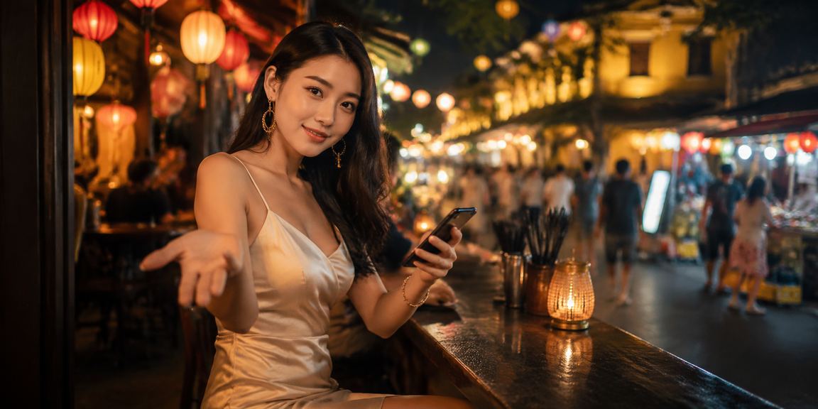 Người dùng truy cập casino di động tại chợ đêm Hội An với ánh đèn lung linh